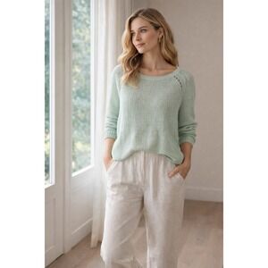 Eileen Fisher Organic Linen Cotton Sweater Wm's M Pastel Green Lightweight Knit